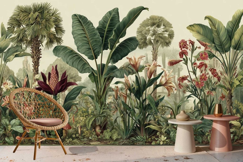Wallpaper features a large mural of tropical plants and palm trees with colorful flowers, lush green leaves, and vibrant botanical elements.