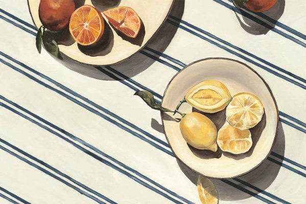 Blue striped tablecloth with alternating light and dark blue lines, creating a bold, patterned wallpaper effect.