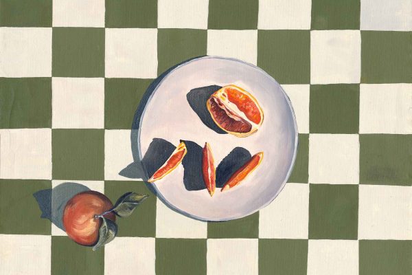 The background wallpaper features a green and white checkered pattern, resembling a picnic tablecloth, with bold intersecting lines and alternating squares in crisp shades of green and white.