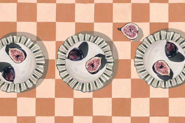 Peach and beige checkered tablecloth pattern, soft muted tones forming a cozy backdrop reminiscent of vintage picnic wallpapers.