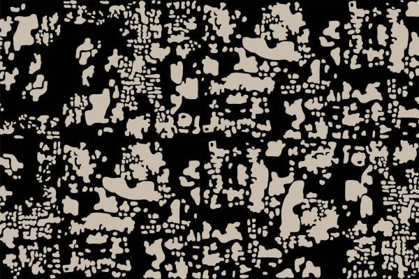 Black and beige wallpaper with irregular, organic shapes and unevenly scattered clusters. The design has a camo-like pattern, featuring contrasting abstract elements throughout the wallpaper.