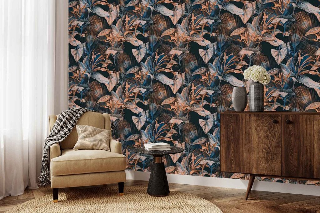 Dark floral-patterned accent wall featuring rich, moody blooms in deep colors dominates the scene, showcasing intricate flower designs that add drama and elegance to the space.