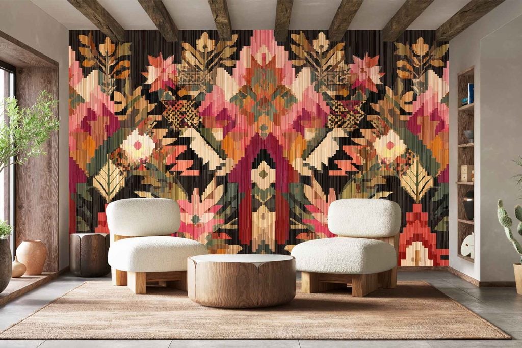 Vibrant, geometric floral mural with bold shapes and bright colors—suggesting a lush, Eden-like paradise—covers the back wall. The wallpaper features distinct flower patterns and lively color combinations that stand out in the room.