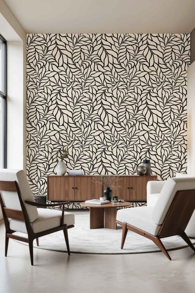 Black and white wallpaper with bold, graphic leaf patterns covers the back wall, featuring striking, high-contrast foliage designs.