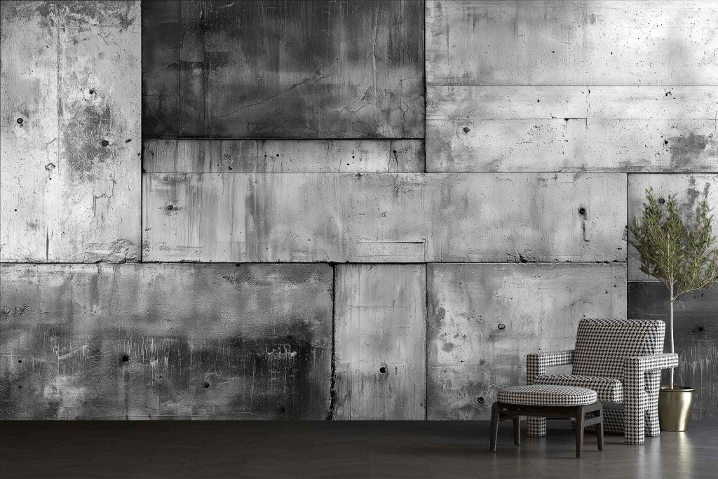 The room features a textured concrete wallpaper in subtle shades of gray, providing a monochrome, minimalist backdrop with delicate variations that add depth and elegance.