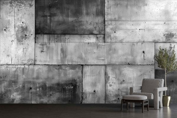 The room features a textured concrete wallpaper in subtle shades of gray, providing a monochrome, minimalist backdrop with delicate variations that add depth and elegance.