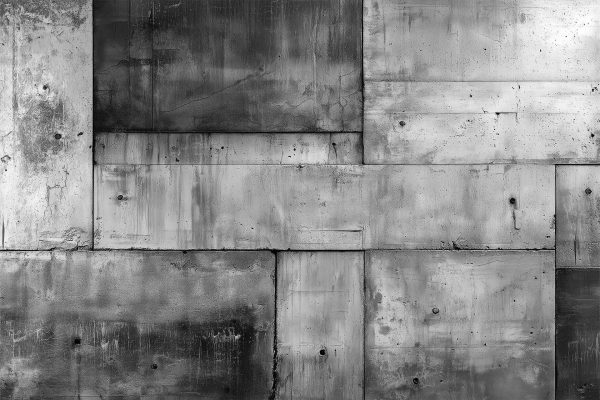 Gray wallpaper with large rectangular concrete slab design, featuring rough textures, visible seams, and scattered small holes for an industrial look. Various shades of gray dominate the surface.