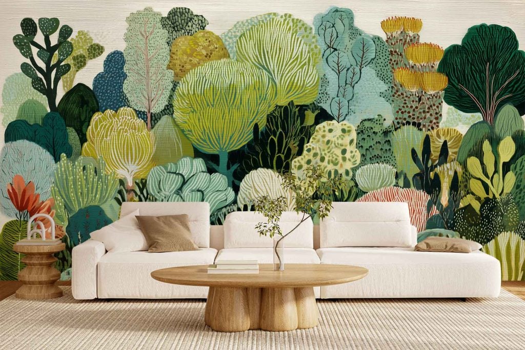 Vibrant wall mural titled "The Procession" featuring stylized, colorful trees and foliage in shades of green, blue, pink, and yellow; artistic wallpaper with bold nature elements for a lively atmosphere.