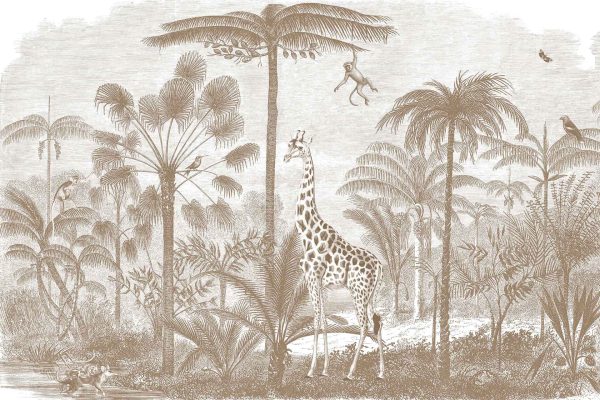 Sepia-toned jungle wallpaper featuring palm trees, dense foliage, a central giraffe, birds on branches, a monkey swinging from a tree, and a turtle by water; all depicted in muted brown and tan hues typical of vintage tropical designs.