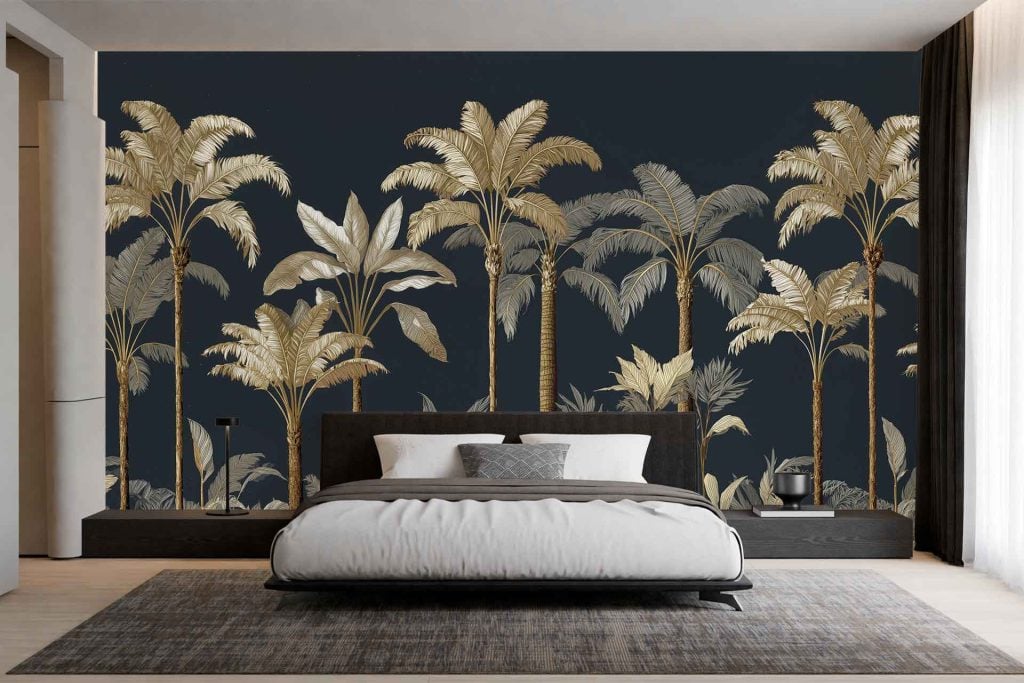 Golden palm tree wall mural on a dark background, featuring striking gold leaves and dramatic contrast. Perfect for lovers of bold, tropical-inspired wallpaper designs with rich, dark tones and metallic gold palm foliage.