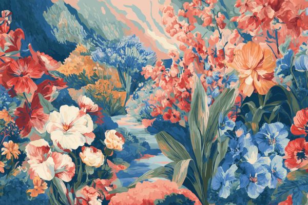 Wallpaper features a lush garden design with red, orange, white, and blue flowers, accented by green leaves and distant trees. The pattern frames a soft pastel sky above a serene pathway. Vibrant colors and nature elements make it easy to find as floral or garden-themed wallpaper.