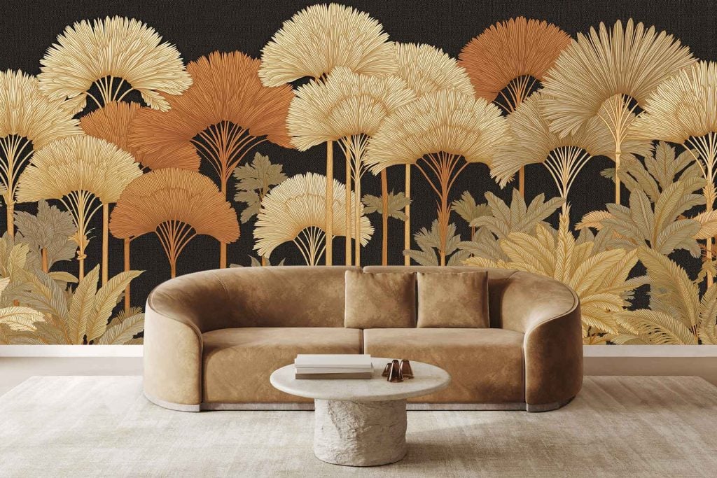 Bold tropical palm leaf wallpaper features gold, orange, and beige leaves on a dark background.