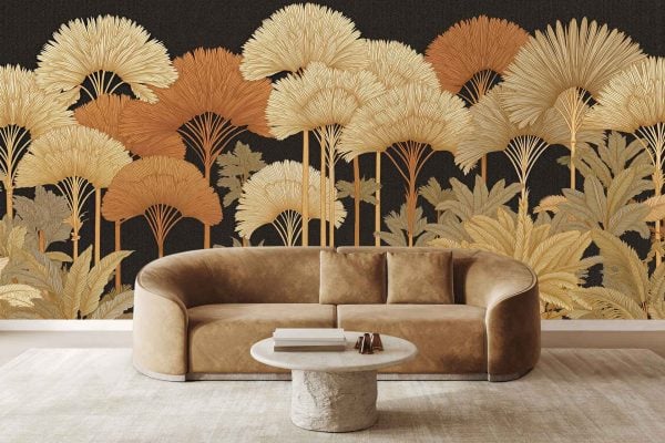 Bold tropical palm leaf wallpaper features gold, orange, and beige leaves on a dark background.