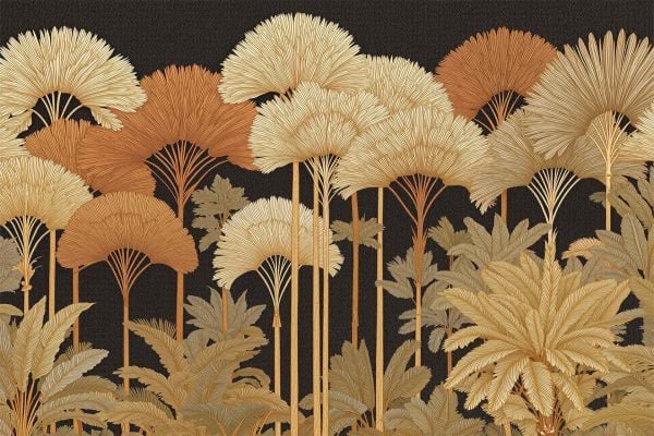 Wallpaper featuring tall, stylized palm trees and large tropical leaves in gold, tan, and brown on a black background; elegant, decorative, vintage tropical pattern.