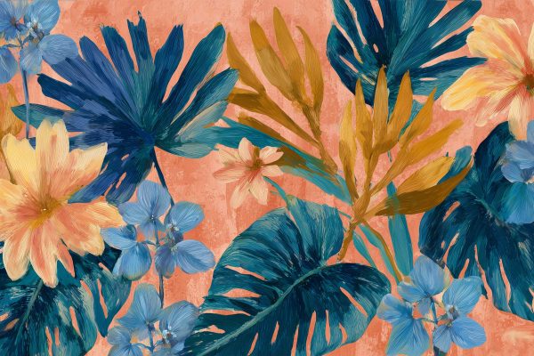Tropical floral wallpaper featuring large blue and green leaves, yellow and peach flowers, small light blue blossoms on a textured peach background. The vibrant colors and botanical elements create a standout wall design.