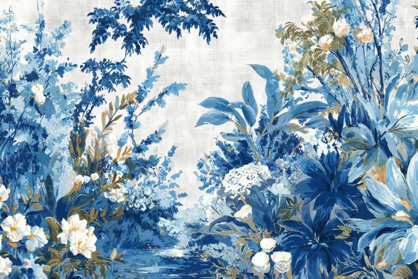 Wallpaper featuring a lush garden pattern with blue, white, and gold flowers and dense foliage. Includes a small water motif, evoking an ocean floor aesthetic. Rich botanical elements and serene colors dominate the wallpaper design.