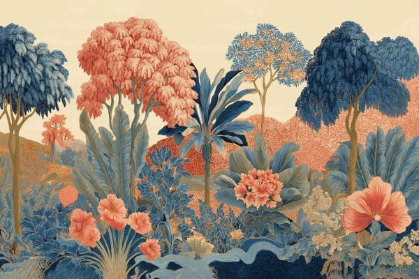 Tropical wallpaper featuring large coral, blue, and gold trees and flowers against softly rolling hills and a pale sky. Lush, vibrant flora pattern dominates the design for a bold, nature-inspired look.