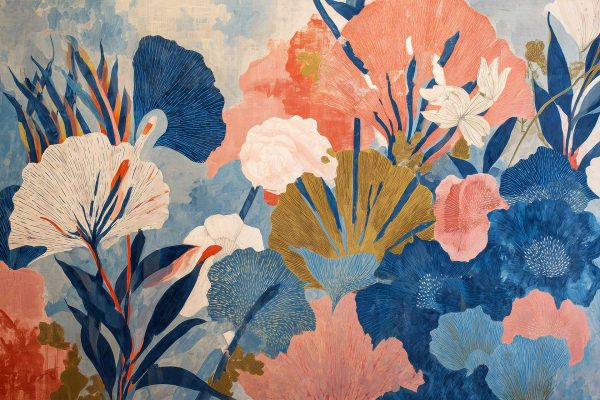 Textured wallpaper features a mix of blue and peach tones, accented by abstract patterns inspired by large floral petals in blue, pink, white, and gold. Decorative and modern botanical elements create a bold look for stylish interiors.