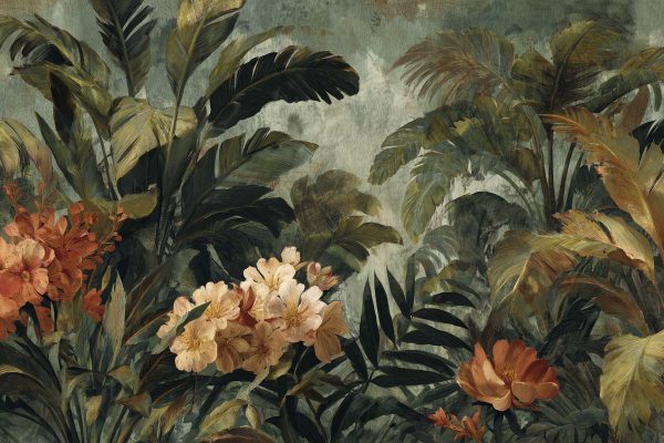 Wallpaper features lush tropical foliage, large green leaves, and vibrant flowers in orange, yellow, and cream tones, set against a textured, muted background.