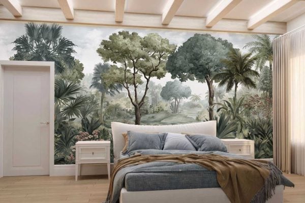 Wallpaper features a lush, green forest mural with tall trees, leafy canopies, and vibrant foliage in varied shades of green behind the bed. The natural scenery brings a serene, nature-inspired atmosphere to the room.