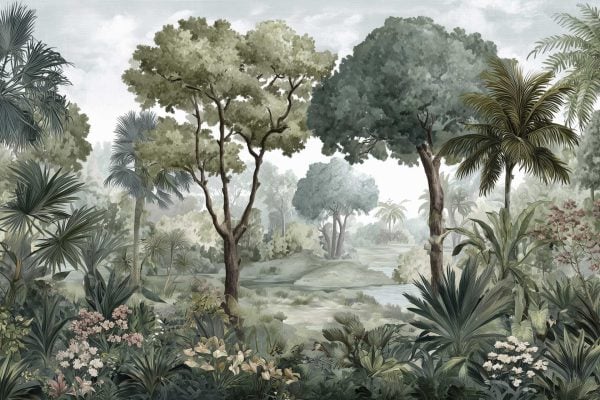 Wallpaper featuring a vibrant green jungle with diverse trees, leafy plants, and colorful flowers; misty backdrop with tall trees next to a winding river. Dominant colors: green, white mist, brown trunks, splashes of floral color. Serene and lush tropical scenery ideal for nature-themed decor.
