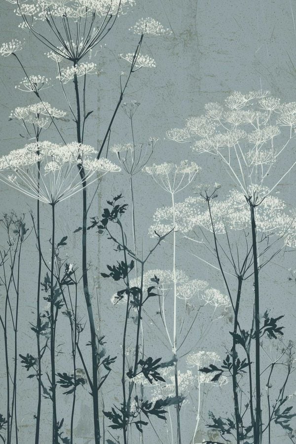 Minimalist wallpaper featuring white wildflowers with thin stems in umbrella-shaped clusters, set against a textured blue-gray background. Botanical elements and muted colors create a soft, calming look.
