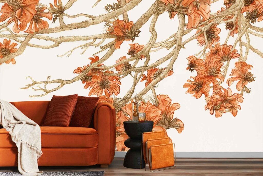 Large floral wallpaper with prominent orange flowers and intricate tree branches against a neutral background. The mural showcases detailed botanical elements in varying shades of orange and brown.