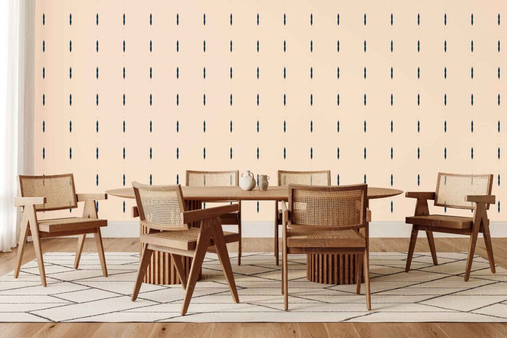 Light-colored wall featuring a bold vertical black dash pattern wallpaper. The repeating black lines on a pale background create a modern, graphic look, making the wallpaper a distinctive visual element in the room.