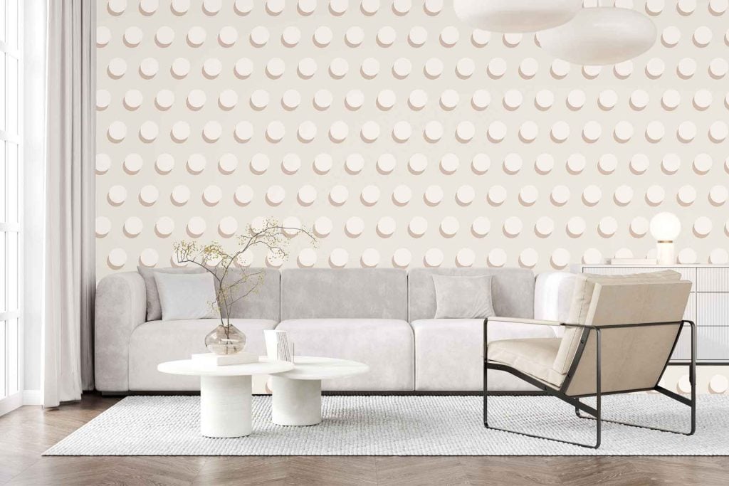 Beige and white geometric circular pattern wallpaper featuring interlocking circles and soft neutral tones.