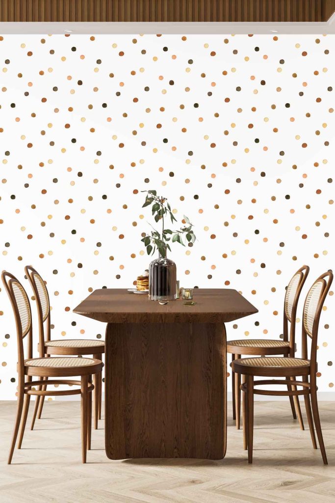 Wallpaper features Fancy Nancy-inspired multicolored polka dots on a white background, with vibrant spots in various sizes and shades scattered playfully across the wall.