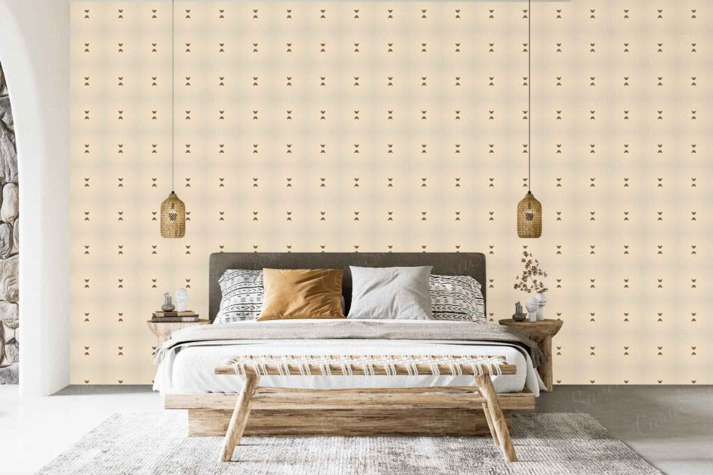 Soft geometric patterned wallpaper in beige tones, featuring layered shapes and subtle lines; neutral color palette enhances warmth and textured visual interest.