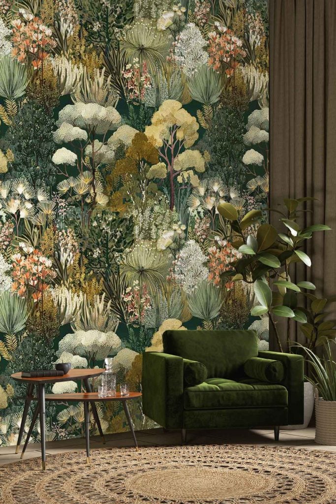 The living room’s botanical wallpaper displays vibrant leaves and flowers in greens, pinks, yellows, and blues, with detailed plant patterns that evoke nature and tranquility.