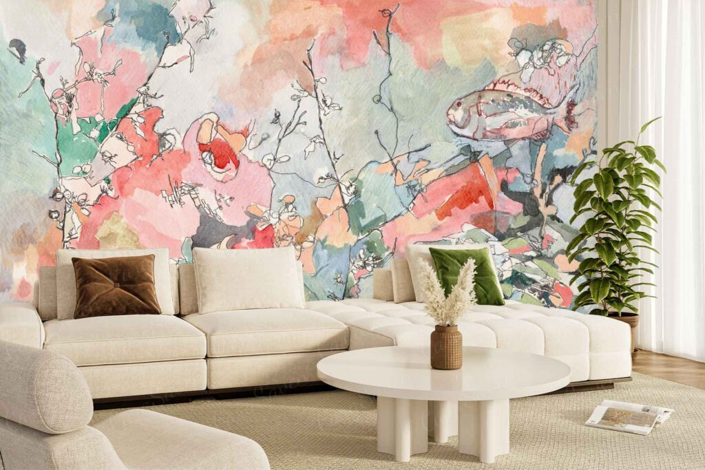 Colorful watercolor wallpaper featuring abstract floral and fish designs in blues, pinks, and greens; the mural evokes a sense of Contemplating Winter.