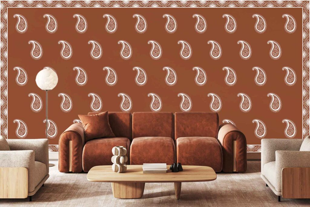 Brown paisley-patterned wallpaper featuring intricate swirls and organic motifs, combining shades of brown with subtle beige highlights.