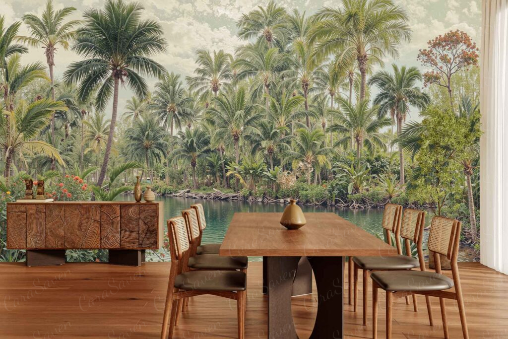 Tropical jungle mural wallpaper with palm trees, dense green foliage, and a tranquil blue river. Lush greenery in various shades of green dominates, accented by brown tree trunks and touches of sunlight.