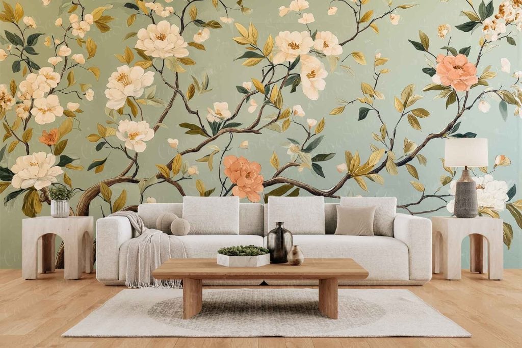 Peachy Petals wallpaper with large white, peach, and yellow blossoms on green branches. Floral pattern features bold blossoms and leafy green stems in a colorful, eye-catching design.