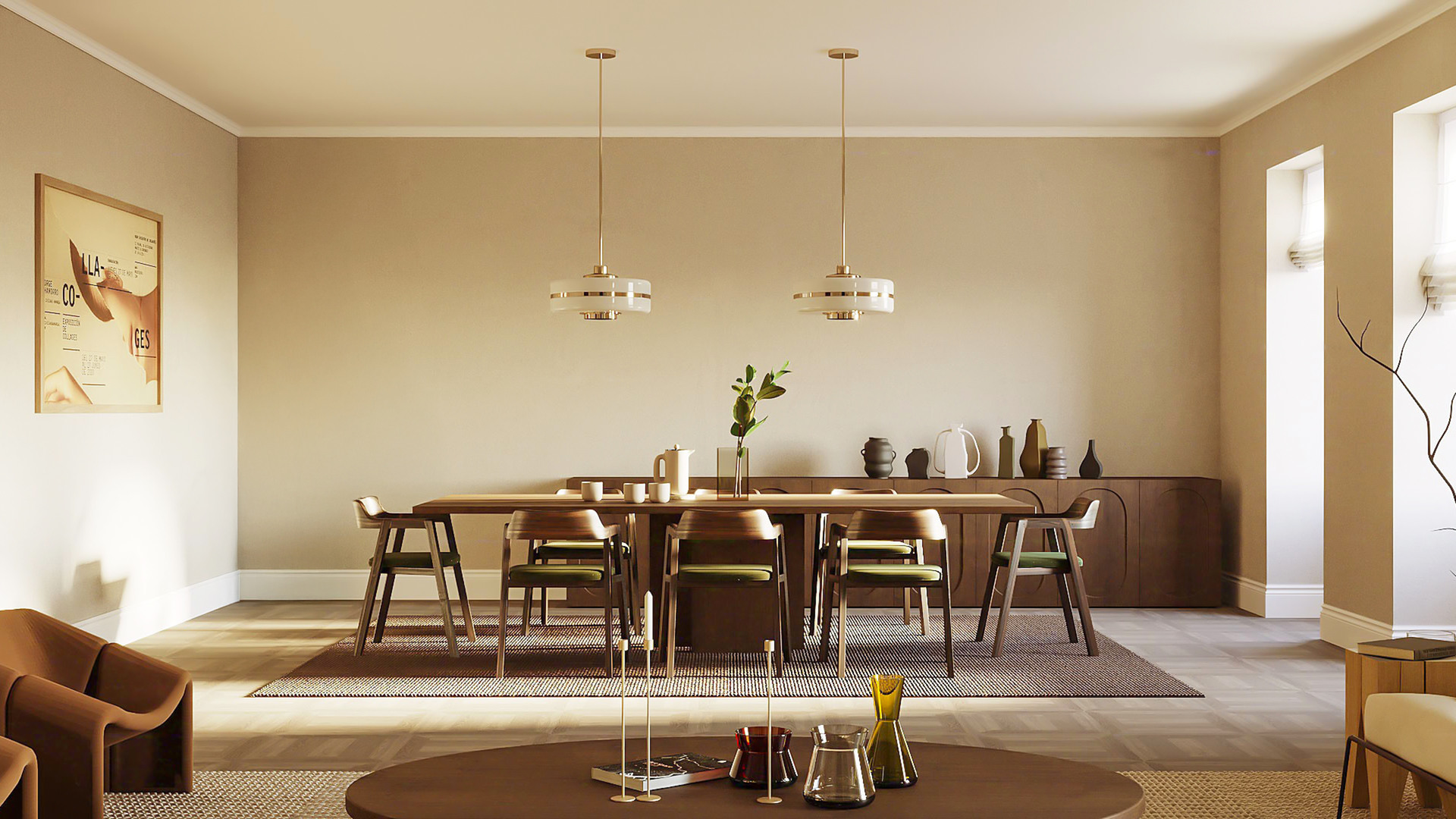 Wallpaper with subtle geometric patterns in soft beige and cream tones covers the dining room walls, adding warmth and texture to the space. The neutral wallpaper design enhances natural light and complements the wooden table and green chairs.