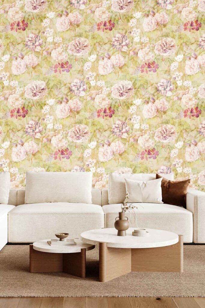 Peachy Petals floral wallpaper with pink, cream, and purple flowers and green leaves on the wall; vibrant pattern focuses on florals and foliage.
