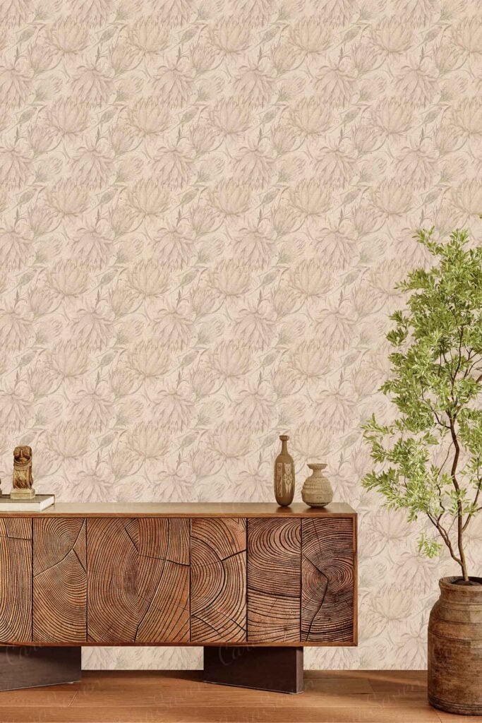 Beige floral wallpaper with a Peachy Petals-inspired pattern, featuring soft peach and cream flowers against a neutral background.