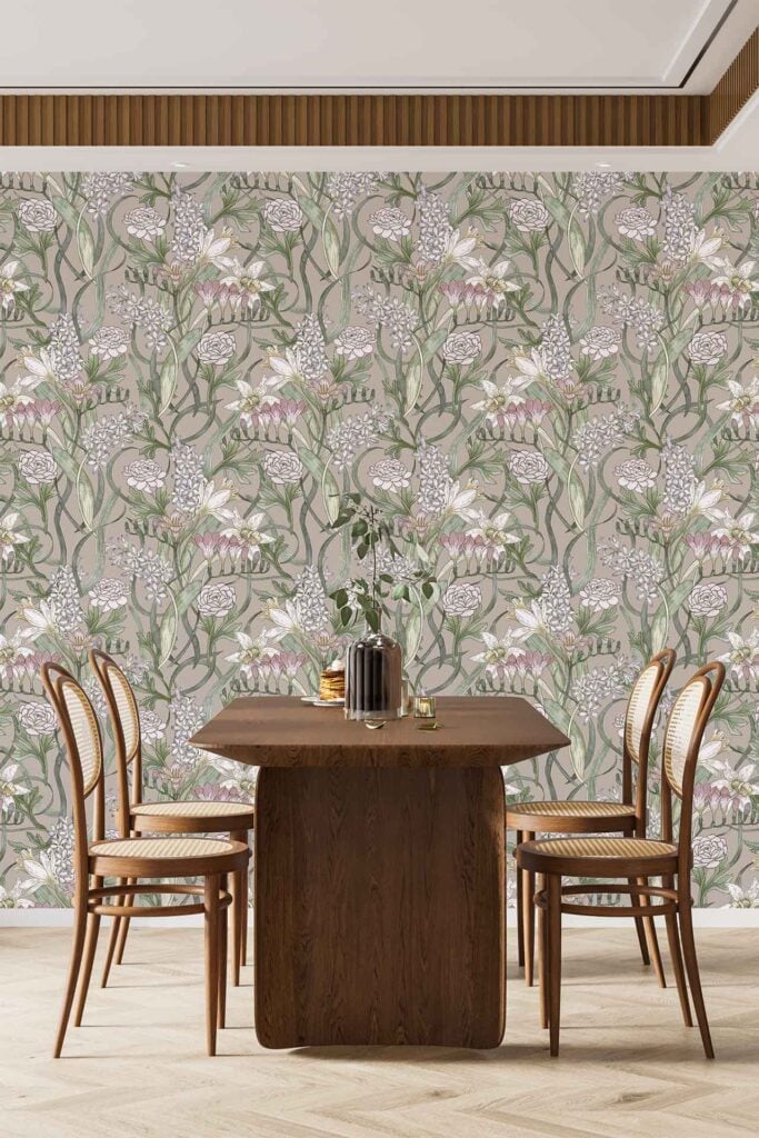Floral-patterned wallpaper with green leaves and pink Blushing Bride flowers.