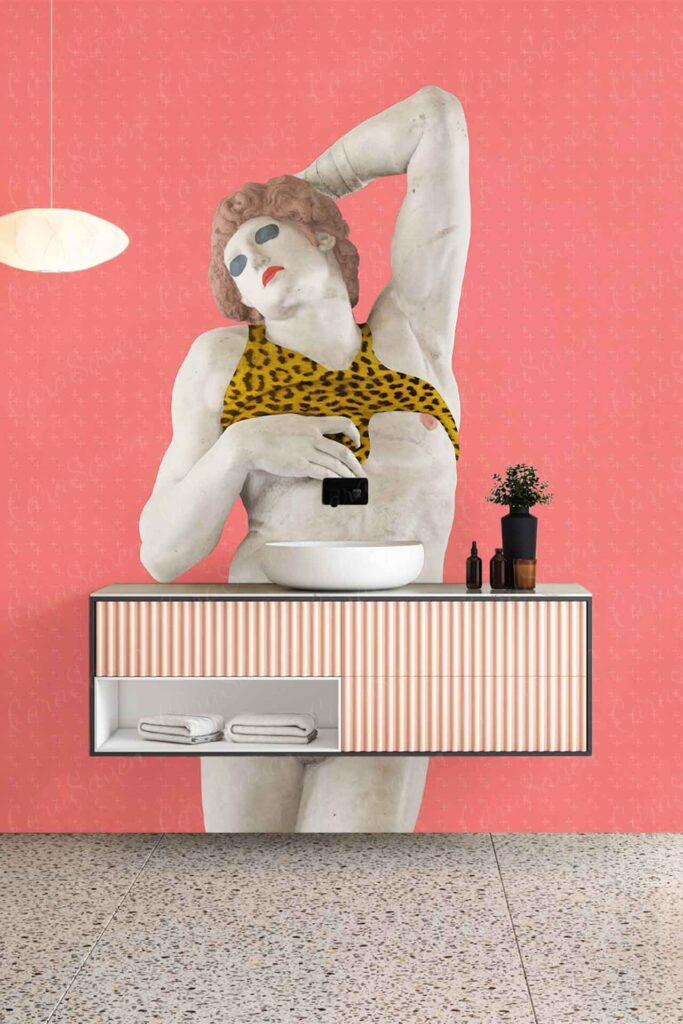 The bathroom features playful pink wallpaper, creating a vibrant and lively Beach Plz vibe. The wallpaper's bold pink tone stands out, adding a cheerful and colorful element to the space.