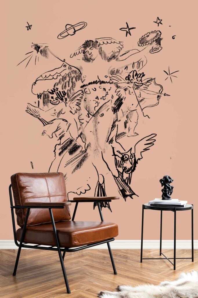 Abstract black line art mural on a peach wall featuring mythological figures, winged creatures, stars, and playful balloon animals; prominent black lines on a warm peach background.