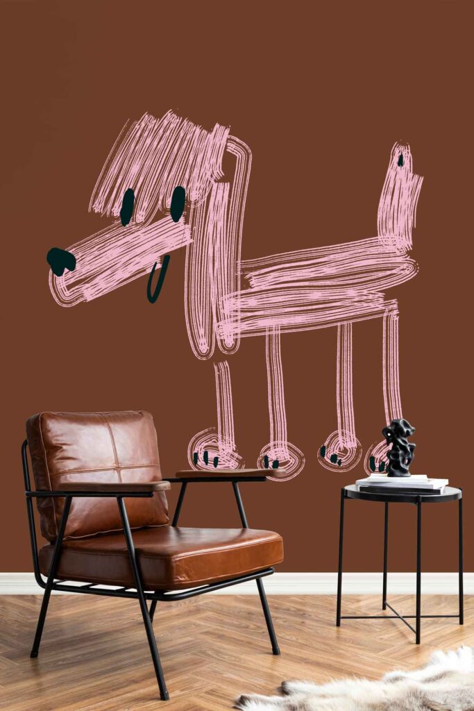 The wallpaper is a brown backdrop with a large, whimsical pink dog drawing in a crayon style, reminiscent of balloon animals. The dog design is playful and eye-catching against the solid brown wall.