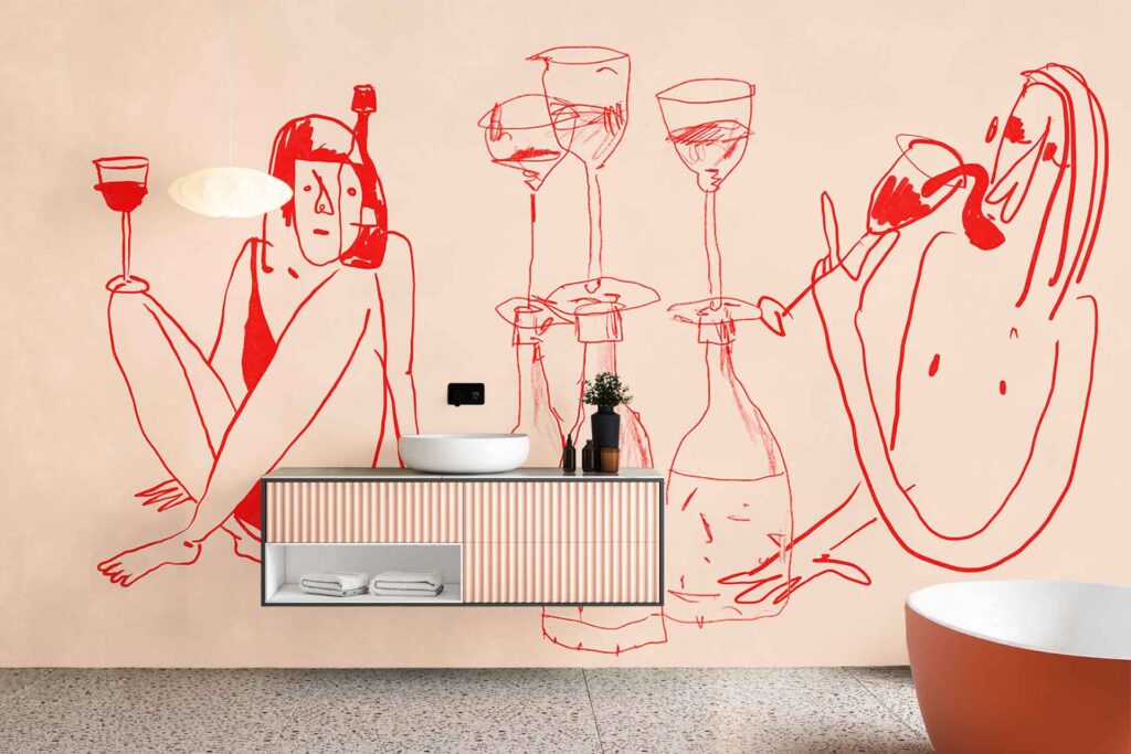 Red line art wallpaper from the Tragedy Series, featuring abstract figures with wine glasses and bottles. Bold red illustrations on a contrasting background create a striking mural effect.