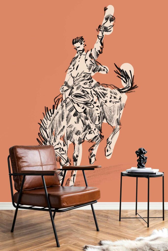 Sketch-style wallpaper with a large cowboy riding a bucking horse on warm terracotta background, accented by colorful playful balloon animals.
