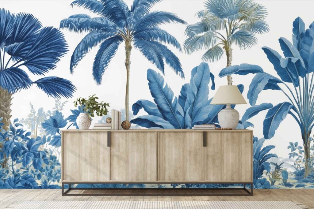 Blue tropical palm tree wallpaper with vibrant botanical patterns and palm leaf motifs; features rich blue tones and lush greenery, creating a lively, exotic backdrop.
