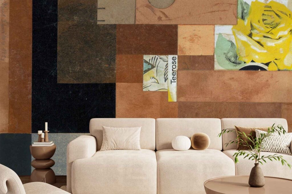 A colorful geometric mural wallpaper with earth tones and abstract shapes, including hints of yellow, dominates the wall.