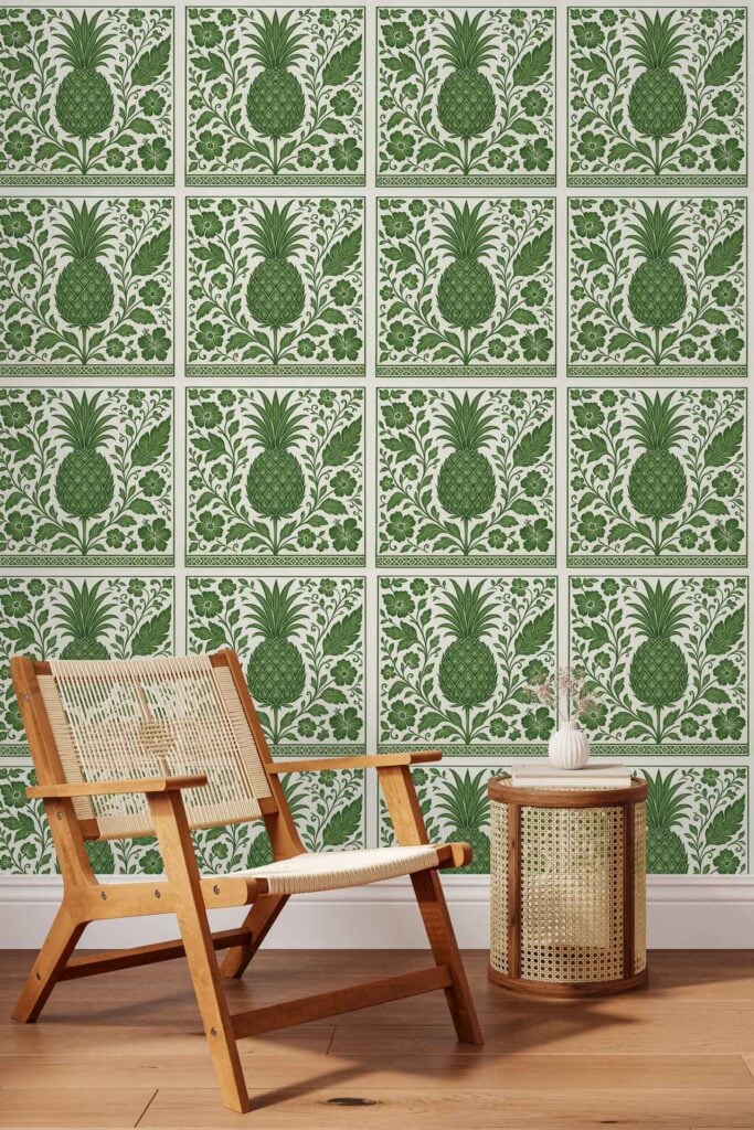 Green and white wallpaper features a bold pineapple pattern, with repeating motifs of pineapples in rich green set against a white tiled background.