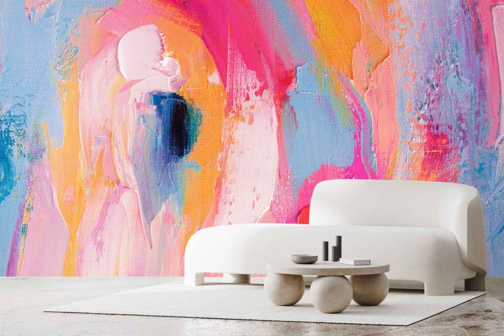 Colorful abstract wallpaper inspired by Skin Science, featuring bold pink, orange, and blue brushstrokes.