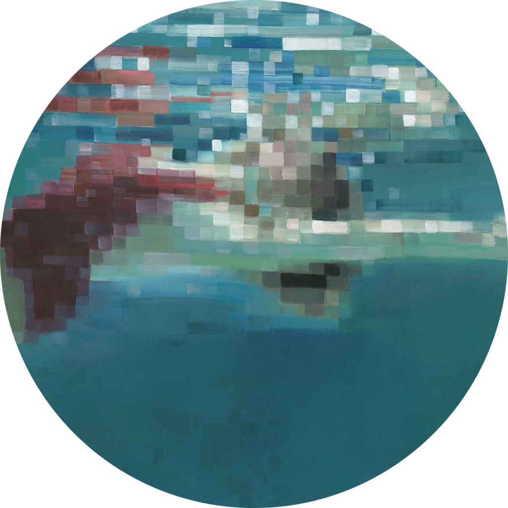Circular pixelated wallpaper with abstract shades of blue, red, and green. Features blurred shapes that give an underwater vibe, making it suitable as a colorful aquatic-themed background.